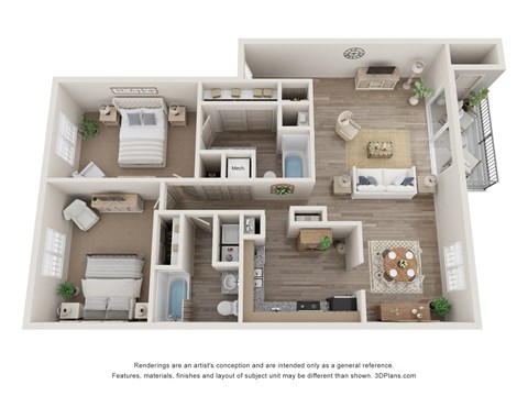 Floor plan for 2 beds, 2 baths, 1195 sqft